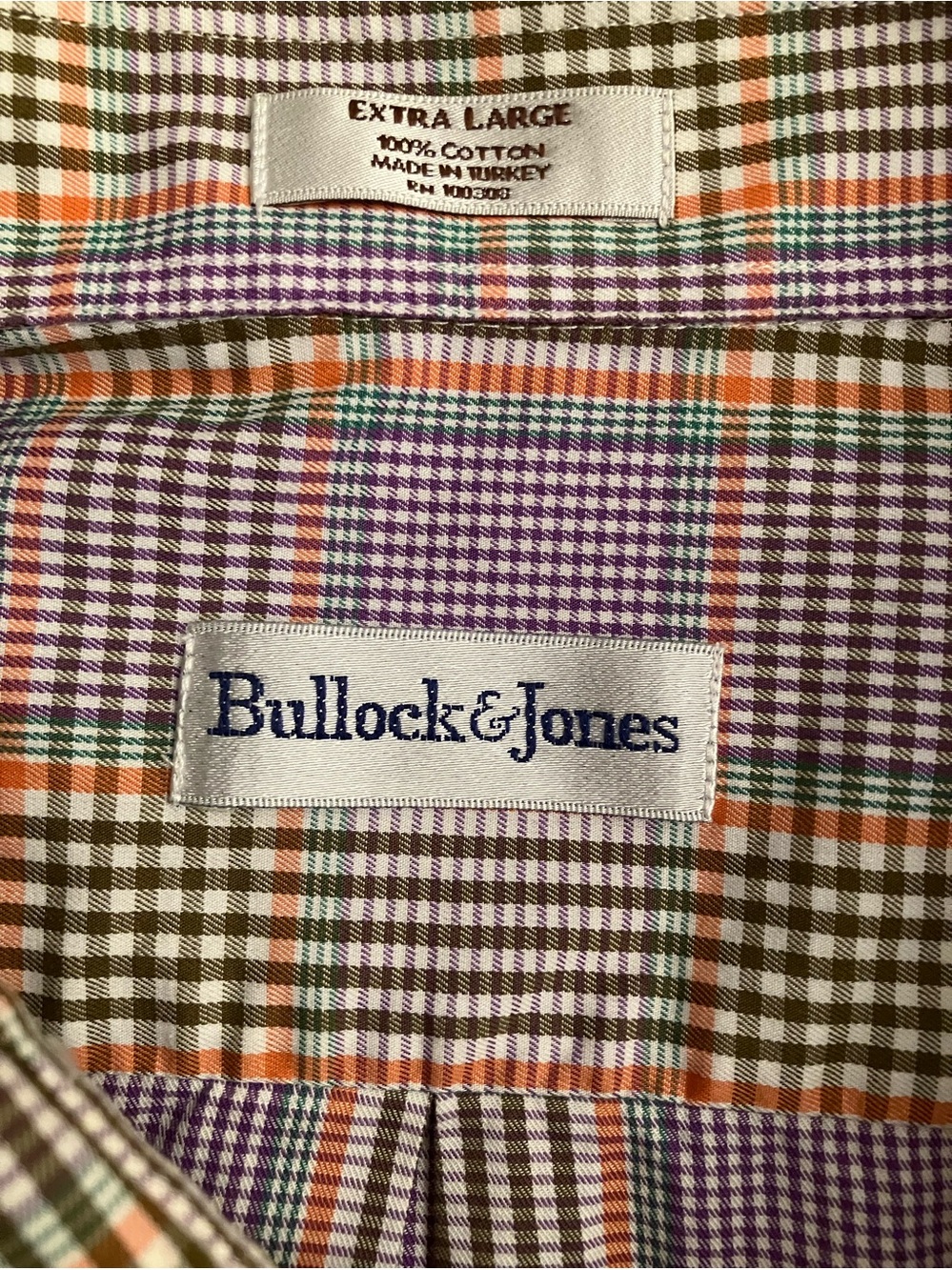 XL Bullock & Jones Plaid Button-Up Shirt in Purple, Orange, Green, Brown